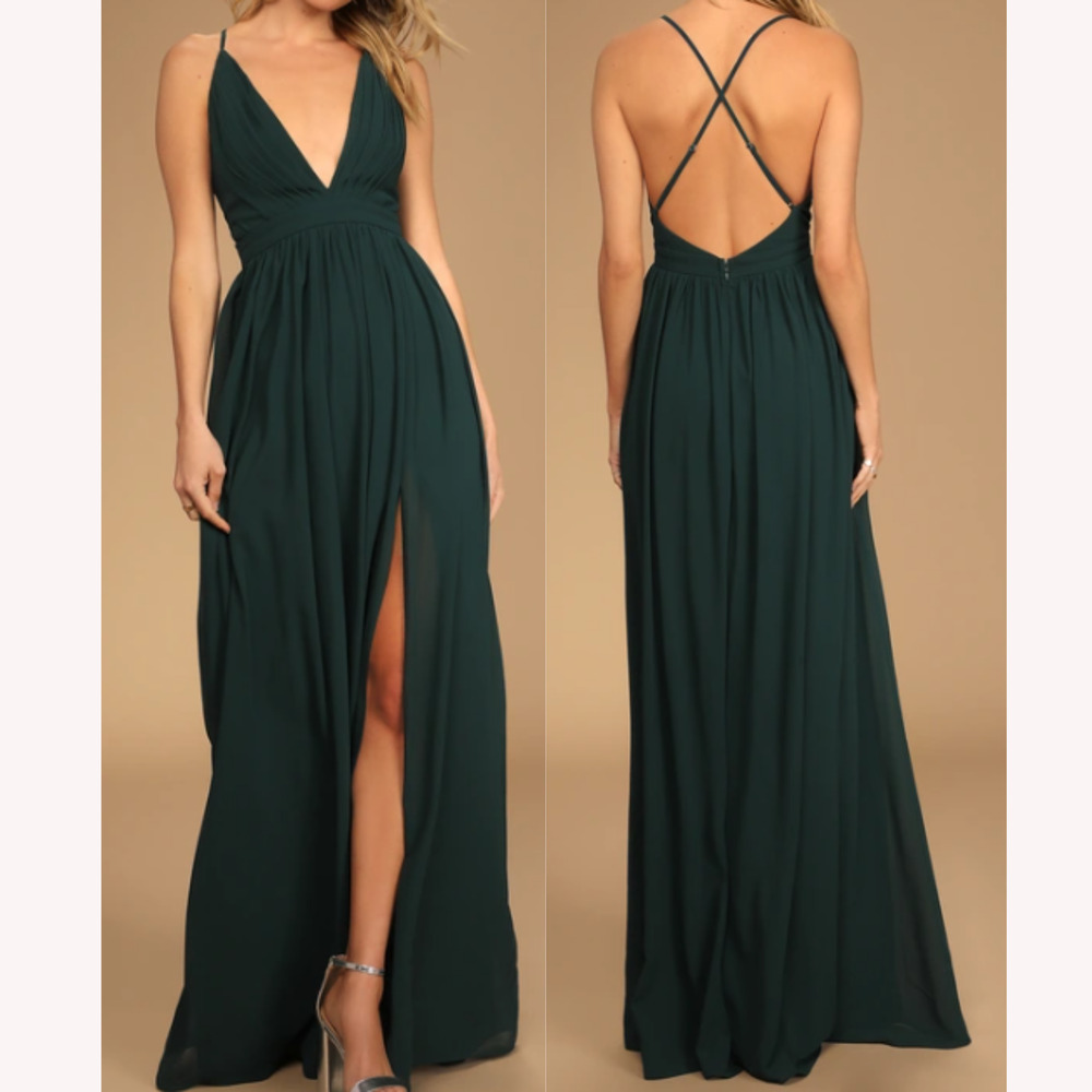 LULU'S SZ L Ballroom Bliss Emerald Green Pleated Backless Maxi Dress NEW B28